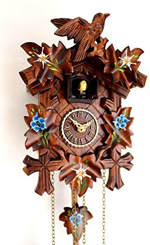 Orologio a cucù della Foresta Nera intagliato al quarzo con genziana dipinta