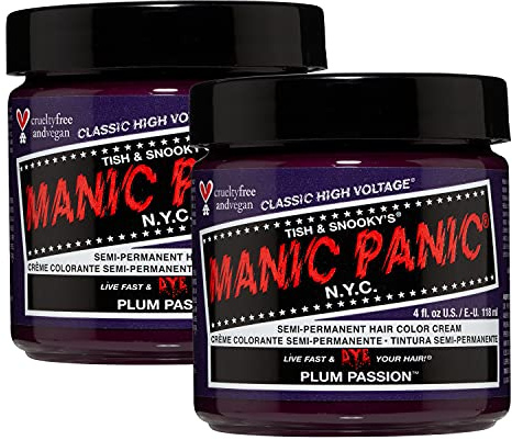MANIC PANIC Plum Passion Haarfarbe, klassische Hochspannung, semi-permanente Haarfarbe, violetter Farbton mit roten Untertönen, für dunkles und helles Haar, vegan, PPD- und Ammoniakfrei, zum Färben