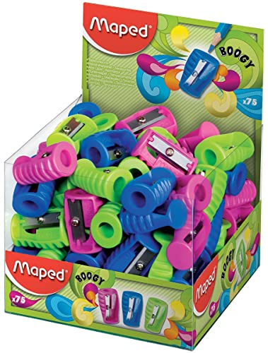 Maped - Material Escolar - Expositor de 75 Sacapuntas Boogy - Tiene 1 Orificio para Afilar - Tamaño Compacto para el Estuche - Agarre Ergonómico - 3 Colores Diferentes