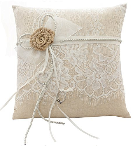 HESHIFENG. party & accessories Vintage Hochzeit Ringkissen Sackleinen Jute Spitze Blumen 21cmx 21cm (R637)