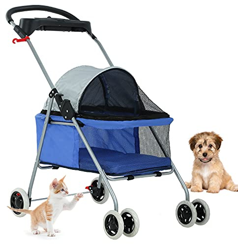 Pet Stroller 4 Wheels Posh Folding Waterproof Portable Travel Cat Dog Stroller with Cup Holder,Blue