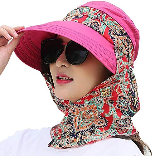 Chapeau de soleil 2 en 1 pliable avec visière amovible, à large bord, protection UPF 50 + qui protège jusqu’au cou, pour voyages, vacances, plage, cyclisme, camping, randonnées, ou course, Fille, rose