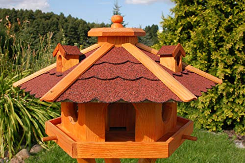 Vogelhaus Futterhaus Futterhäuschen Vogelvilla V12, Vogelfutterhaus aus Holz mit Solarbeleuchtung beleuchtet mit und ohne Ständer (Rot, ohne Ständer), mit Futtersilo,Silo