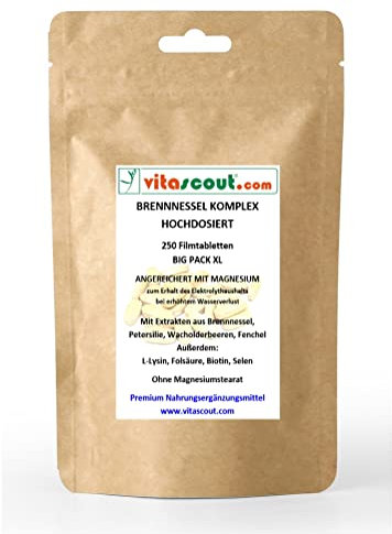 Pflanzlicher Brennnessel-Komplex 900 II – 250 Tabletten – Extrastark – 100% Vegan – Ohne chemische Entwässerung – Mit Magnesium angereichert – Laborgetestet in Deutschland