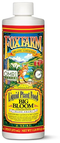 Fox Farm Big Bloom Liquid Plant Food - Organic Bloom Fertilizer for Flowering & Fruiting Plants, Contains Earthworm Castings & Bat Guano - Supports All Stages of Plant Growth - 0-0.5-0.7 NPK, 1 Pint