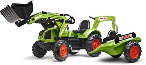FALK - Tractopelle à pédales Claas avec excavatrice et remorque - Dès 3 ans - Fabriqué en France - Pelle frontale et excatrice articulées - Siège rotatif - 2070Y, Vert