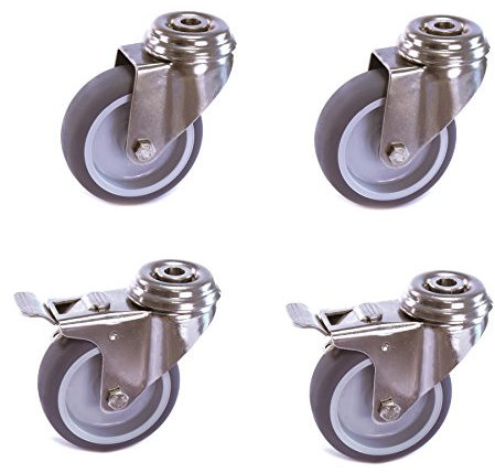 Satz Edelstahlrolle 50 mm Gummi grau spurlos Rückenloch mit ohne Bremse V2A INOX Transportrolle Apparaterolle aus Edelstahl