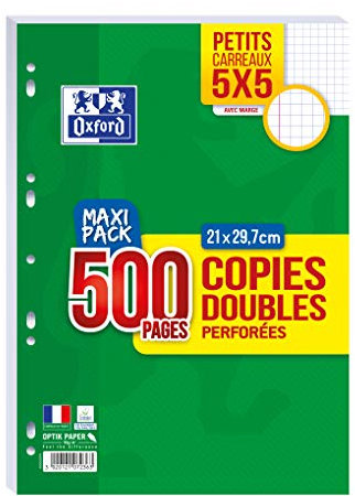 OXFORD Lot de 500 Pages Copies Doubles Perforées A4 (21 x 29,7cm) 90g Petits Carreaux 5x5mm - Maxi Pack