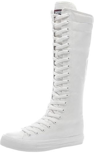 Jamron Filles Femmes Mode Genou Haut Lacer Bottes de Toile Pur Blanc Fermeture Eclair Chaussures de Danse SN811 EU38