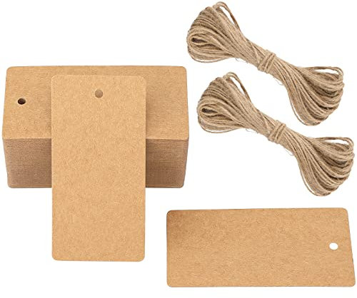 G2PLUS 100PCS Etichette in Carta Kraft, 4.5x9cm Tag Regalo Rettangolare Con Spago di Iuta Per Confezioni Regalo e Feste di Compleanno