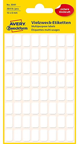 AVERY Zweckform 3041 Haushaltsetiketten selbstklebend (13x8 mm, 384 Aufkleber auf 6 Bogen, Vielzweck-Etiketten für Haushalt, Schule, und Büro zum Beschriften und Kennzeichnen) blanko, weiß