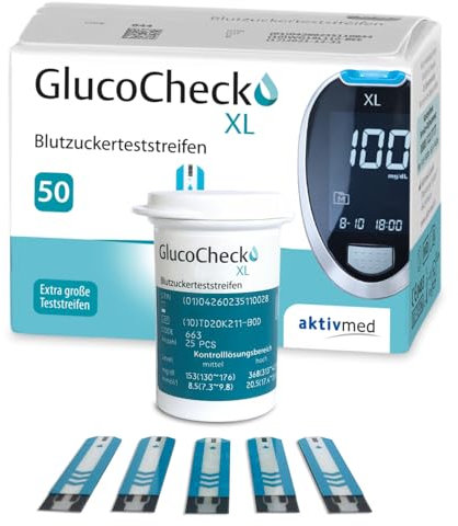 GlucoCheck XL Blutzuckerteststreifen 50 Stück, zur Kontrolle des Blutzucker-Wertes (Gerät ist nicht enthalten!)