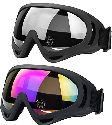 JTENG 2x Skibrille mit UV-Schutz & Anti-Beschlag für Herren & Damen - Ski Goggles für Brillenträger, Snowboard & Motocross (Farbe + Grau)