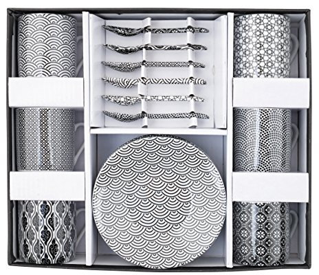 Tokyo Design Studio Nippon Black Espresso-Set schwarz-weiß, 12-TLG, 4X Espresso Tassen mit Untertassen und Löffeln aus asiatischem Porzellan Handgefertigt