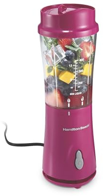 Hamilton Beach Portable Blender for Shakes and Smoothies, 14 Oz BPA Free Travel Cup & Lid, Durable Stainless Steel Blades, Personal Smoothie Blender, Raspberry, 51131G