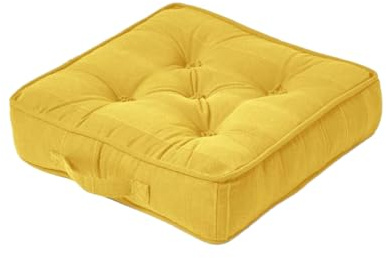 HOMESCAPES Rajput 100% Cotton Floor Cushion Yellow 40 x 40 x 8 cm Square Indoor Garden Dining Chair Booster Seat Pad Cushion