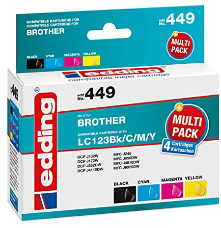 edding Druckerpatrone EDD-449 - Multipack 4 - Schwarz, Cyan, Magenta, Gelb - 1x 14 ml + 3x 11 ml - Reichweite 1x 650 3x 735 Seiten - Ersetzt Brother LC123BK/C/M/Y