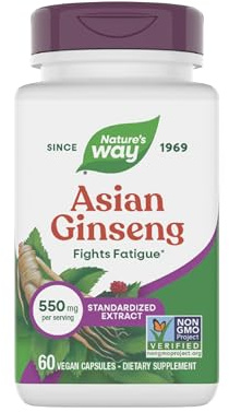 Nature's Way Asian Ginseng Standardized Extract, Fights Fatigue*, Adaptogenic Herb*, 550 mg per Serving, Non-GMO Project Verified, 60 Vegan Capsules (Packaging May Vary)