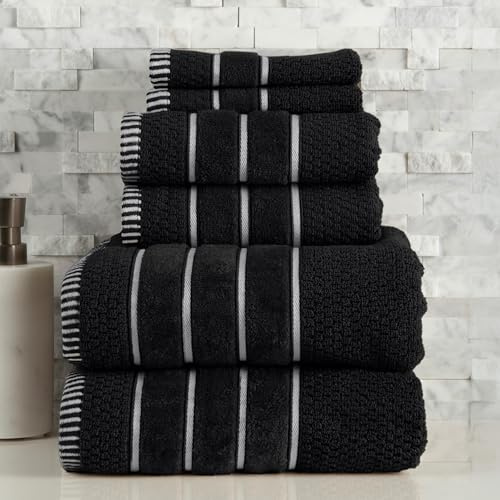 Luxury Cotton Towel Set - Rice Weave 100% Egyptian Cotton 6 Piece Set with 2 Bath Towels, 2 Hand Towels and 2 Washcloths - Black