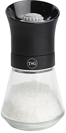 T&G CrushGrind Tip Top Salt Mill with Glass Base, 12.5 cm, Black / Gourmet Fully Adjustable Ceramic Manual Grinder / Shaker / Coarse & Fine / Easy Fill