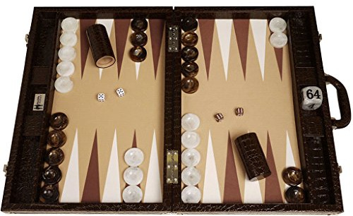 Wycliffe Brothers Backgammon Turneringsset Gen III - Professionell Backgammon lekset 53 x 73 cm - Lyxig Backgammon väska i brunt krokodil look - Beige spelyta - Premium Rese- & Turneringsset