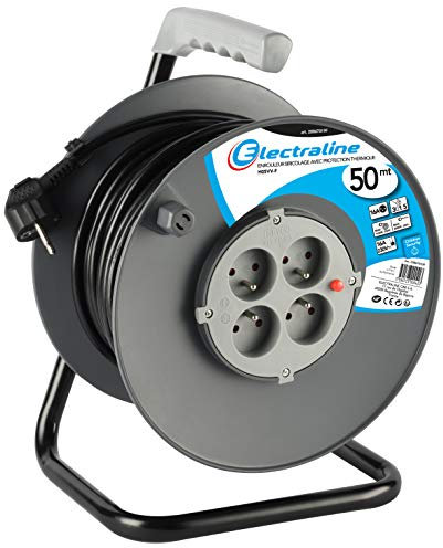 Electraline 20867019F Rallonge Prolongateur électrique 50 m avec enrouleur 4 Prises 16 A section 3G1,5 mm² Gris