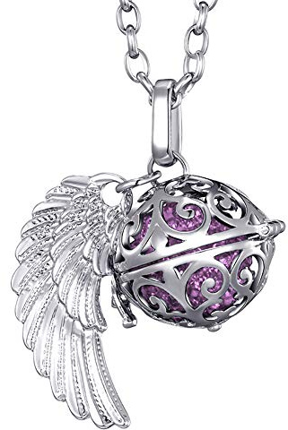 Morella collar ángel de la guarda de acero inoxidable 70 cm con colgante alas de ángel y bola de resonancia de color lila Ø 16 mm para damas en bolsa para joyas