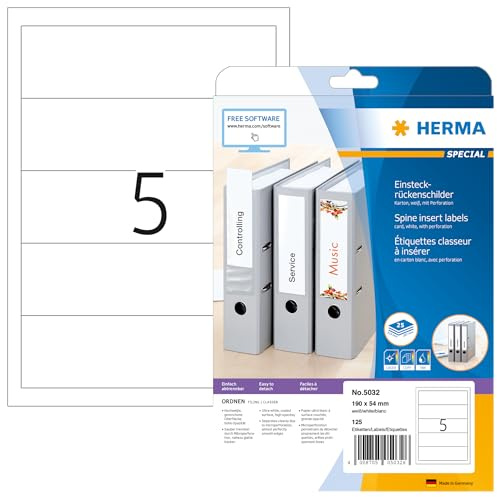 HERMA Etichette per Raccoglitori, 190 x 54 mm, Etichette Adesive A4 per Stampante, 5 Etichette per Foglio, Bianco