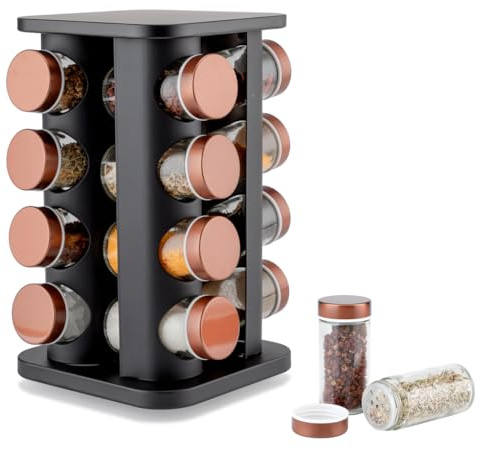 EliteHoff Estante giratorio para especias, carrusel con tarros de especias, estantería cuadrada negra, contenedores de almacenamiento de especias, cobre (16 tarros)
