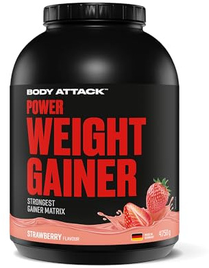 Body Attack Weight Gainer - Strawberry - 4,75 kg - Dein Mass Gainer für Masseaufbau & Muskelaufbau - Mit Whey Protein, BCAA und Kohlenhydraten - Dein fettarmer Masse Shake für hochwertige Kalorien