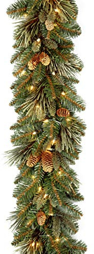 National Tree Company 9 ft Pre-Lit Carolina Pine Artificial Christmas Garland, Christmas Decoration with Pinecones, 100 Clear Lights, 240 Tips, Green