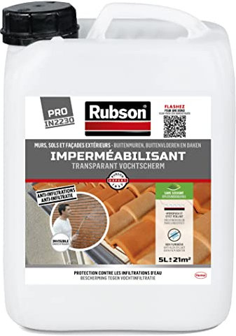 RUBSON - Imperméabilisant Extérieur pour Mur, Sol et Toitures Waterproof, Transparent, 5l – Protection contre les infiltrations d’eau, Color Less