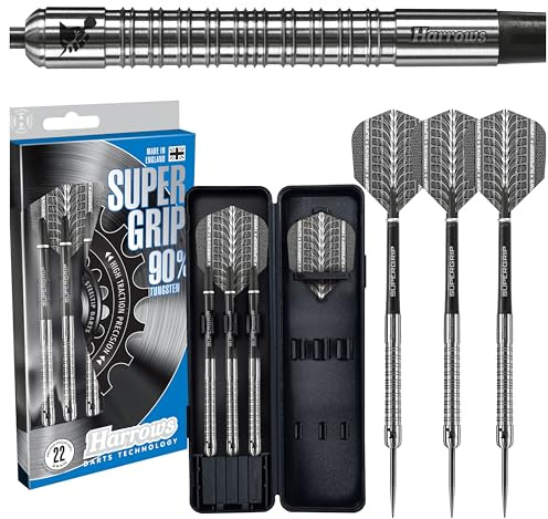 Harrows SUPERGRIP 90% Tungsten Steel Tip Darts Set. Available in 21g, 22g, 23g, 24g, 25g, 26g, 28g & 30g - Includes Supergrip Shafts, Supergrip Flights & Travel Case (24g)