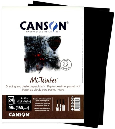Canson Mi-Teintes Paper Pad, Dual Sided Textures for Pastels, Charcoals, Pencil, Fold Over, 98 Pound, 9 x 12 Inch, Black, 24 Sheets, 9X12
