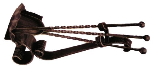 Schmiedeeiseners Kaminbesteck, lackiert und patiniert, mit Schaufel, Besen und Schürhaken