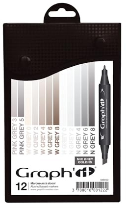 Graph'it Lot de 12 Marqueurs à alcool double pointe Mix Greys colors