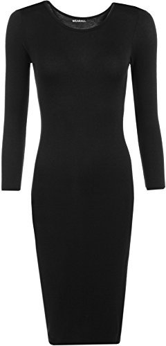 WearAll Womens Bodycon Stretch Plain Long Sleeve Ladies Round Neck Midi Dress - Black - 12/14