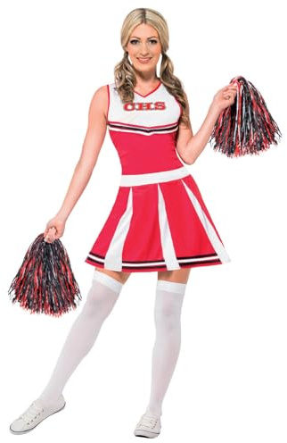 Smiffys Cheerleader Costume, Red with Dress & Pom Poms, Icons & Idols Fancy Dress, Adult Dress Up Costumes