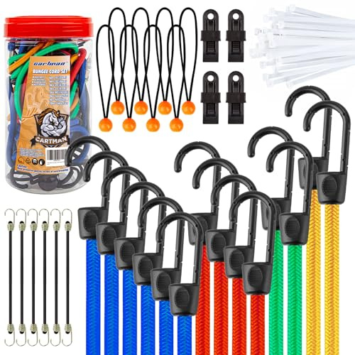 Cartman 32 Piece Bungee Cords Assortment Jar Includes 10 18 24 32 40 Bungee Cord with Hooks, 8 Canopy Tarp Ball Ties and Tarp Clips