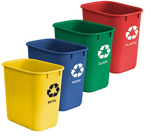Acrimet Wastebasket Bin for Recycling, 6.75 Gallon/ 27 Quart/ 25.552 Liter (Made of Plastic) (Metal/Yellow, Paper/Blue, Glass/Green, Plastic/Red) (Set of 4)
