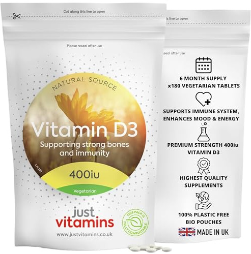 Vitamin D3 400iu | 180 Tablets | High Strength Sunshine Vitamin | Supports Immune System, Bones, Teeth & Muscle Function | Enhances Mood & Energy | Non-GMO | UK Made - Just Vitamins