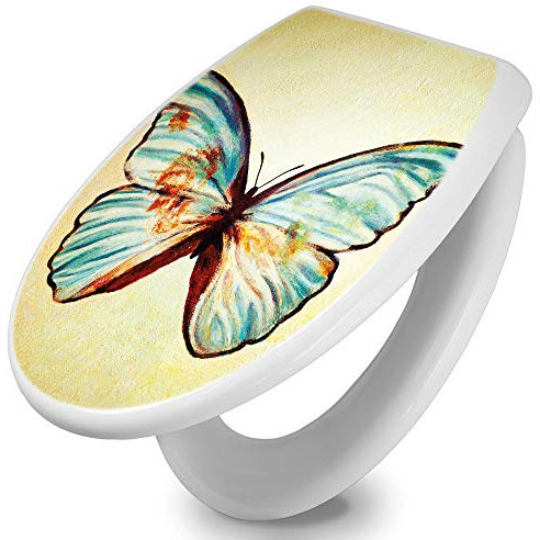 banjado Toilettendeckel mit Absenkautomatik 44,5x37cm / WC Sitz mit Absenkautomatik/Toilettensitz Duroplast mit Edelstahl Scharnieren/Klodeckel mit Absenkautomatik Motiv Blauer Falter