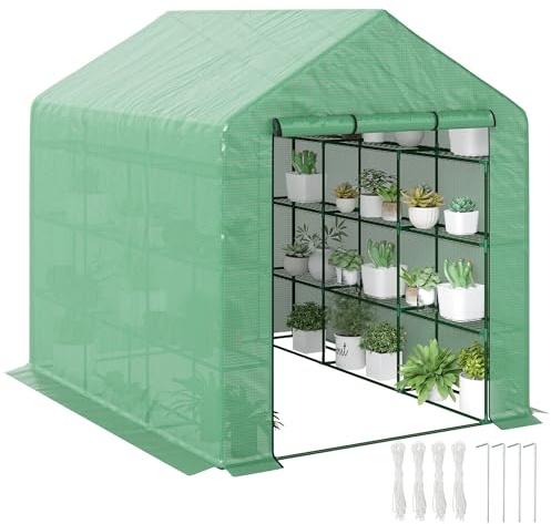 Outsunny 8' x 6' x 7' Walk-in Greenhouse, PE Cover, 4-Tier Shelves, Steel Frame Hot House, Roll-Up Zipper Door for Flowers, Vegetables, Saplings, Tropical Plants, Green