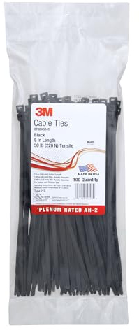 3M Cable Tie, Black, 50 lb Tensile Strength, 8, Black, Bag of 100 Pieces of Standard Nylon Cable Ties