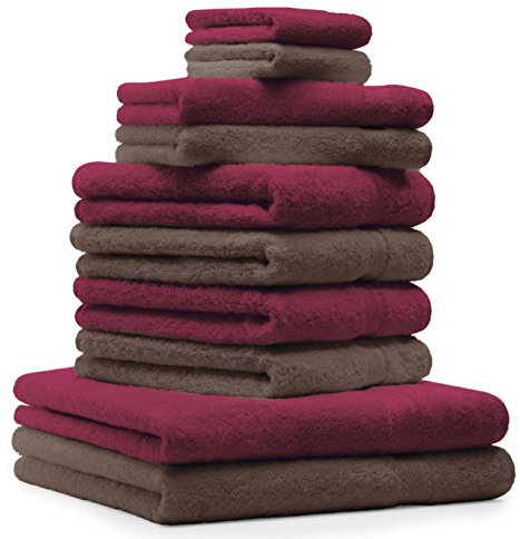 Betz 10-TLG. Handtuch-Set Classic 100% Baumwolle 2 Duschtücher 4 Handtücher 2 Gästetücher 2 Seiftücher Farbe nussbraun und dunkelrot