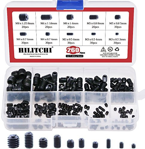 Hilitchi 260pcs M3/4/5/6/8 Allen Head Socket Hex Grub Screw Set Assortment Kit with Plastic Box 12.9 Class Black Alloy Steel