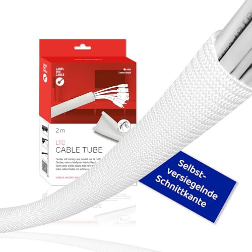 LABEL THE CABLE® 2m - 25mm (für 6-12 Kabel) Kabelschlauch Weiß Selbstschließend, Kabelkanal flexibel, Kabelschutz Katze Hund, Kabel verstecken PC, Kabelmanagement Schreibtisch höhenverstellbar