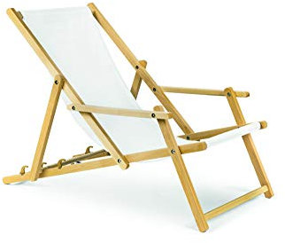 BAS Holz Sonnenliege Strandliege Liegestuhl aus Holz 3 Stufen Klappbare Gartenliege mit Armauflagen weiß