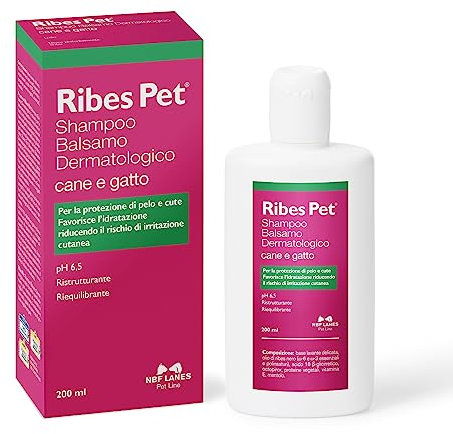 NBF Lanes | Ribes Pet Shampoo Balsamo Dermatologico Cane e Gatto 200 ml, per la Protezione di Pelo e Cute, pH 6,5, Ristrutturante, Riequilibrante