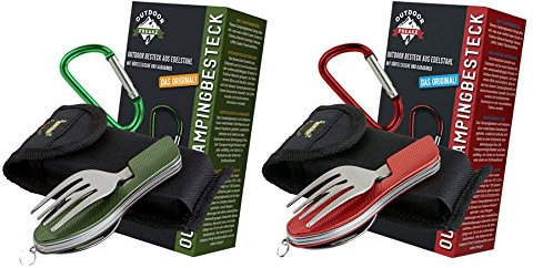 OUTDOOR FREAKZ Couverts de Camping en Acier Inoxydable avec Sac Pliable en néoprène (2pack: Vert + Rouge)